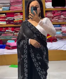 Hint ve pakistan tarzı fantezi saf sahte Georgette parti kıyafeti sari nakış dizisi ile kadınlar için çalışma bluz adet