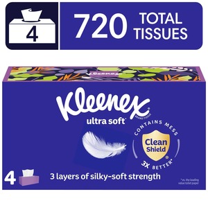 Mouchoirs en papier Kleenex Ultra Soft, 4 boîtes plates, 180 mouchoirs par boîte, 720 mouchoirs au total - Product Image 1