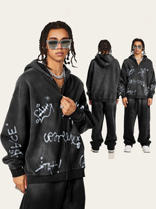 Sweat-shirt à capuche vintage brodé de style rétro, lavé, imprimé intégral, 100% coton, ample, fermeture éclair, automne - Product Image 3