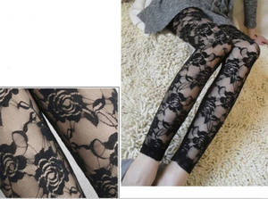 Nuevo Retro Sexy Net yarn Lady Rose Lace Through Leggings Pantalones sin pies Negro Blanco Mujeres Summer Skinny Nine Pants - Product Image 6