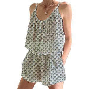 Ensemble de pyjama en coton pour femmes à imprimé floral, imprimé à la main, printemps/été, floral, ajusté, bretelles fines, sans manches - Product Image 1