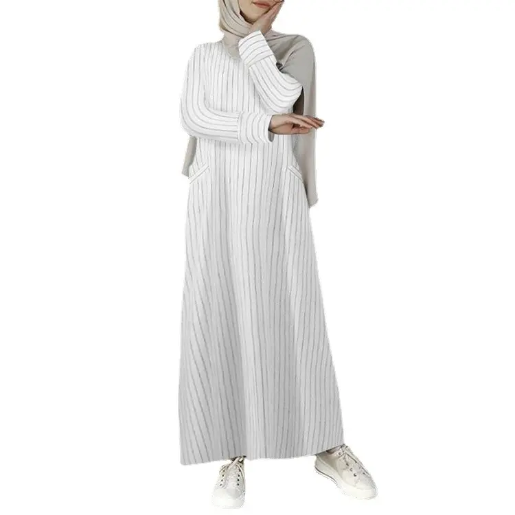 Kadın uzun dış ticaret artı boyutu etek Retro moda kadın günlük kıyafetler uzun kollu çizgili pamuk ve keten elbise