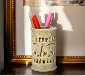 Real Quality Customized Solid Marble Soapstone Carving Pen <b>Stand</b> Exclusive Table Top Pen <b>Holder</b> Latest Design Desk Organizer - Product Image 1