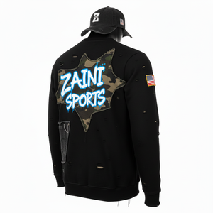 Sweat-shirts basiques en molleton premium 300 GSM pour hommes, noirs avec panneau camouflage, broderie de logo personnalisé et look délavé élégant - Product Image 4