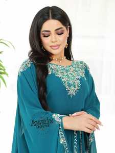 Women's Ethnic Lightweight <b>Plus</b> <b>Size</b> Floor-Length Hand Beaded Sequined High Neck Long Sleeve Georgette Flared Hem <b>Kaftan</b> Abaya - Product Image 4