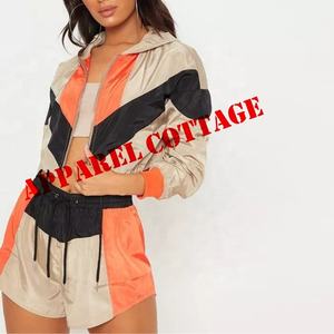 Femmes décontracté 2 pièces imperméable coupe-vent survêtement Polyester/coton fermeture éclair haut veste ceinture élastique quart fermeture éclair pantalon - Product Image 1