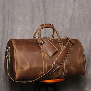 Genuine Leather Foldable <b>Duffel</b> <b>Bag</b> Weekender Travel Zipper Closure Durable Large Capacity Portable Brown - Product Image 1