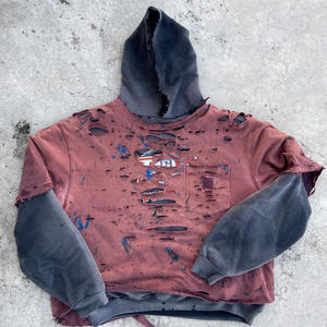 Double Layered Distressed Ripped Sun Faded <b>Hoodie</b> 100% Cotton Heavyweight Acid Wash Vintage French Terry <b>Hoodie</b> - Product Image 1
