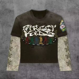 Camiseta de manga larga de algodón con cuello redondo para hombre, camiseta Retro de doble capa con gráficos DTG, camisetas de manga larga Y2K de doble capa - Product Image 5