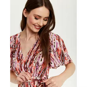 Women's Casual <b>Midi</b> Wrap Summer <b>Dress</b> 100% Viscose Floral Paisley Print V Neckline Short <b>Sleeves</b> <b>Chiffon</b> Brown Pink for Parties - Product Image 5