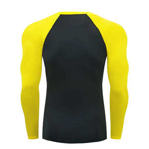 Haut de sport à manches longues pour homme, noir et jaune, coupe athlétique, protection UV, séchage rapide, pour entraînement, surf, gym, MMA, sports nautiques, compression, rashguard - Product Image 2