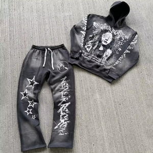Wholesale Custom Plus Size Winter Breathable Solid Acid Wash <b>Zip</b>-<b>Up</b> <b>Crop</b> Hoodie Baggy Sweatpants Unisex Eco-Friendly Fleece Sets - Product Image 1
