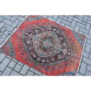 Alfombra Turca, Alfombra Pequeña de 3.3x4.1 pies, Alfombra de Lana Roja y Azul - Product Image 4