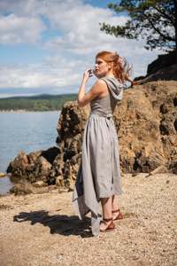 Último verano Top diseño asimétrico con capucha vestido de lino de talla grande Avant Garde ropa cómoda patrón sólido Natural - Product Image 3