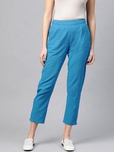 Soft Breathable Womens Blue Cotton Slub <b>Trouser</b> <b>Pants</b> Designed In Regular Fit For Comfortable Casual Office Travel Daily Wear - Product Image 4