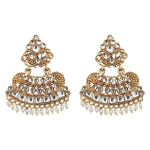 Kriaa Gold Plated Kundan Beads Dangler <b>Earrings</b> Fashion Clip-On 1312955 - Product Image 1