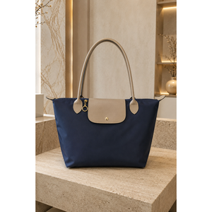 Bolso de Mano y Hombro de Cuero Bicolor Azul Marino y Beige con Solapa, Accesorios de Ropa - Product Image 1