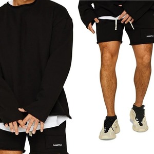 Conjunto personalizado con borde irregular para hombre, conjunto de entrenamiento deportivo para fitness, suéter, pantalones cortos para correr, manga suelta, Top, pantalones cortos con borde irregular - Product Image 2