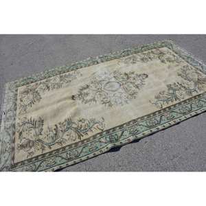 Alfombra turca vintage de 5x8,7 pies, patrón de retazos de lana verde Beige, estilo Tabriz para el hogar, sala de estar, mesita de noche, forma rectangular de látex - Product Image 4