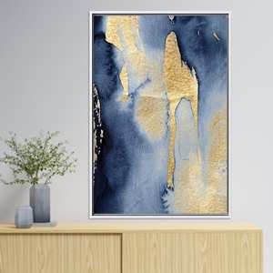 Toile d'art abstraite élégante bleue et dorée - Décoration scintillante pour la maison, toile encadrée blanche - Product Image 1