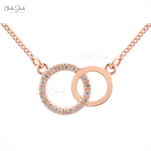 Massief Gouden Schakel Ketting Dubbele Cirkel Ketting Custom 14K Real Rose Goud Ronde Geslepen Diamanten Minimalistische Kettingen Voor Vrouwen