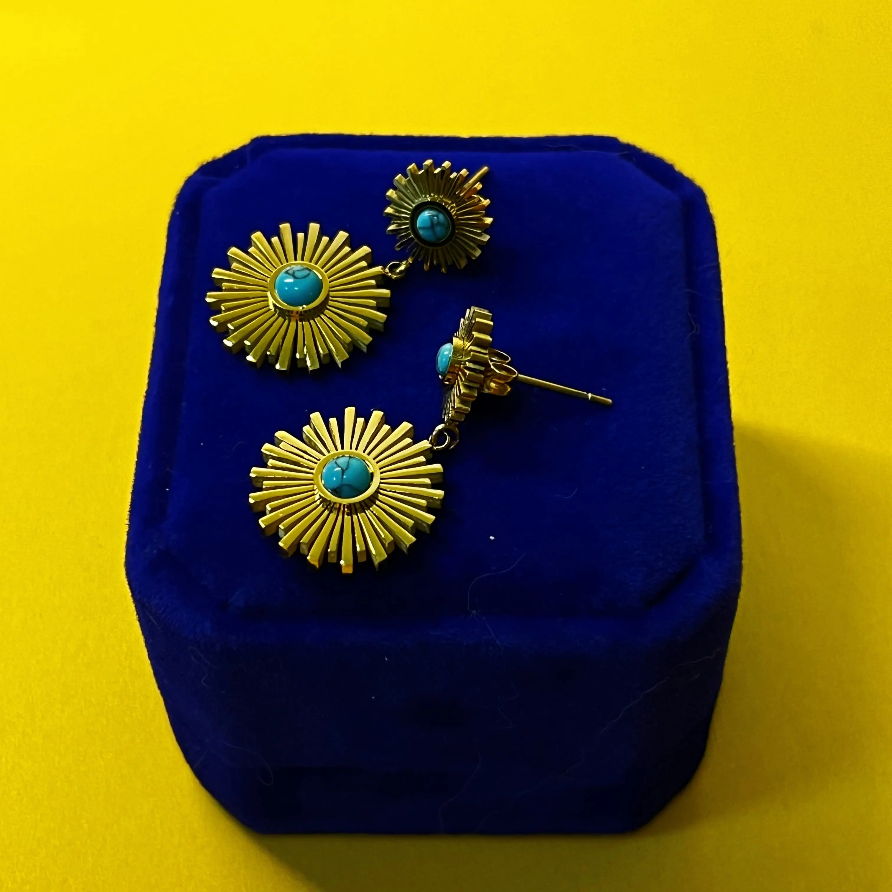 18k altın kaplama paslanmaz çelik ayçiçeği küpe kadın mavi turkuaz kolye titanyum çelik küpe