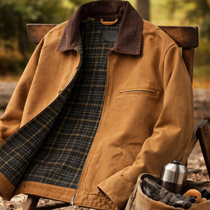 Chaqueta de Trabajo para Hombre, Chaqueta de Trabajo de Lona Gruesa, Chaqueta Utilitaria Aislada con Cuello de Pana, Chaqueta de Trabajo de Invierno con Forro de Cuadros Cálidos - Product Image 1