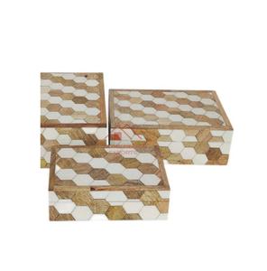 Ensemble de 3 boîtes en bois faites à la main, taille différente, design en incrustation d'os sculpté à la main, boîtes de rangement - Product Image 1