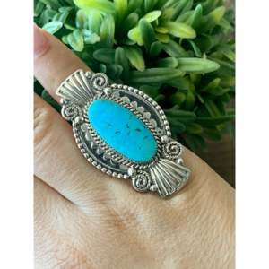 Navajo Handmade Fine Jewelry <b>Ring</b> Kingman Turquoise & Sterling <b>Silver</b> <b>Statement</b> Style for Everyday Wear Size 7 - Product Image 2