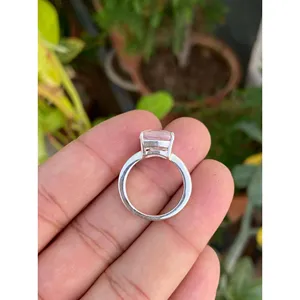 925 Silver Cushion Cut Rose <b>Quartz</b> Gemstone <b>Ring</b> Geometric Pattern with Rhodium Plating Hip-hop Style for Everyday Wear - Product Image 5