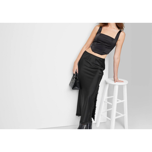 Gonna Midi Nera in Raso Lucido Wild Fable Modern Chic per Donna Taglia S, Modello a Tubino con Bordo in Pizzo e Decorazioni Stampate - Product Image 2