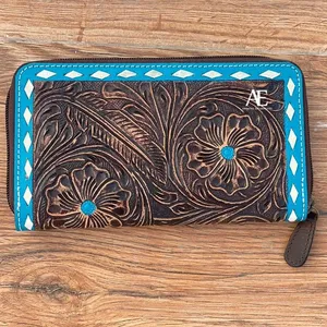 New Real Handmade Tooled Leather Western Style Women Clutches Hot Selling Compact Size Turquoise Tooled Leather Stylish Clutches