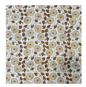 Tissu indien en voile de coton imprimé à la main Sunburst Floral Design 44 Largeur Jaune Marron pour vêtements et accessoires de mode - Product Image 1