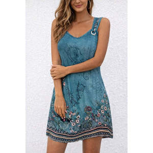 Vestido Corto con Tirantes y Escote en V para Mujer, con Detalle de Ojales y Estampado, 35417 - Verde - Product Image 2