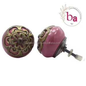 ลูกบิดเซรามิกสีชมพูแบบเป็นเส้นทองเหลืองของชาวโมร็อกโกโบราณตู้อุตสาหกรรมตู้เสื้อผ้าตู้เสื้อผ้าห้องรับประทานอาหารมือจับดึงลิ้นชัก - Product Image 1