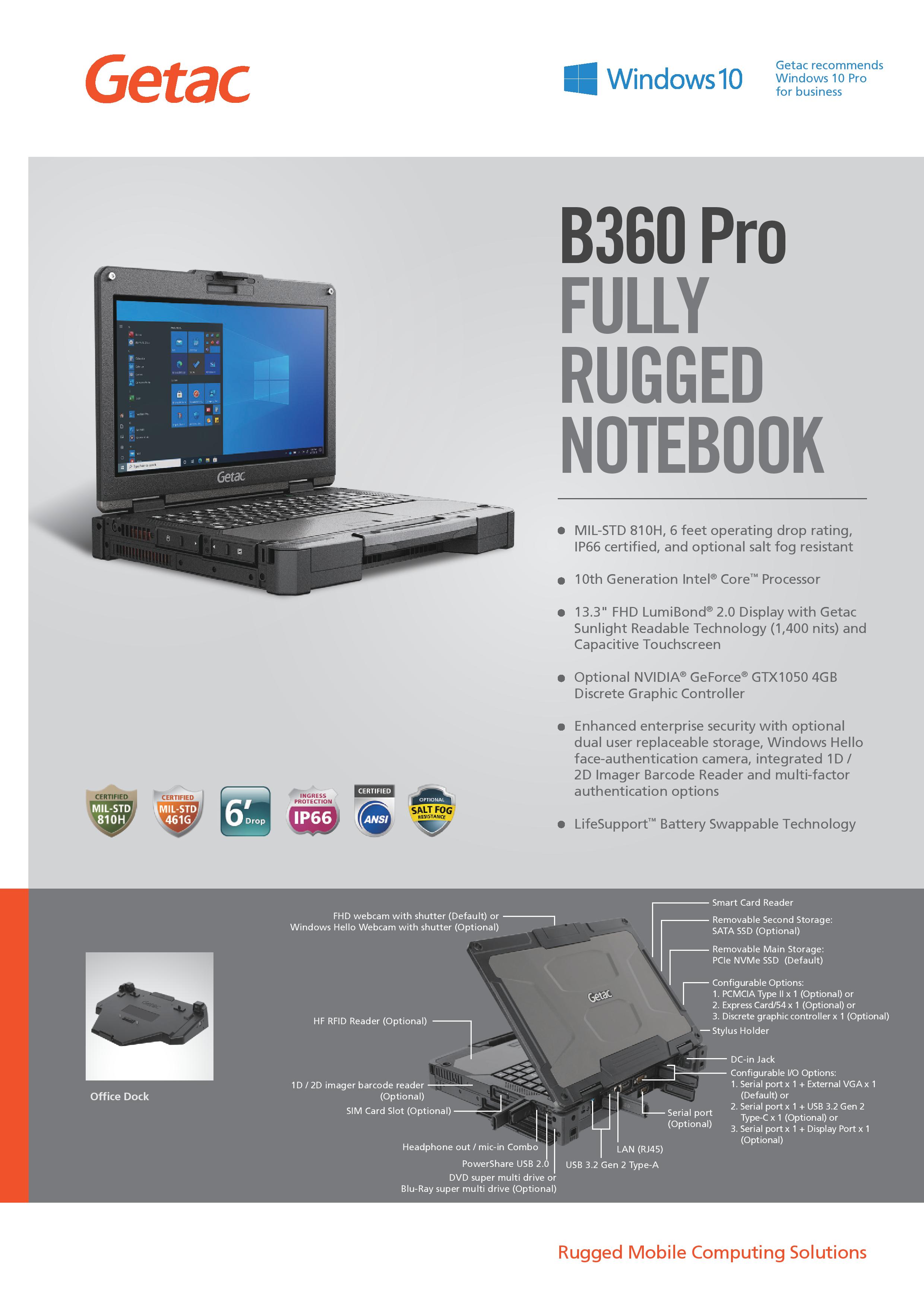 NEW!! Getac B360 - Powerful 13.3" Fully rugged Notebook for field service, 1400 nits, 10th generation Core processor
