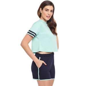 Conjunto informal de 2 piezas de algodón de alta calidad para mujer, Top de gran tamaño y cuello redondo con patrón sólido corto personalizable - Product Image 2