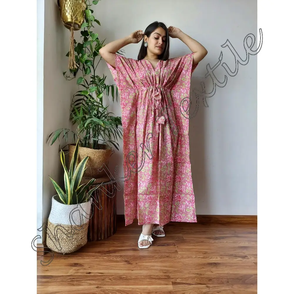 Хлопковое индийское длинное платье-кафтан для женщин