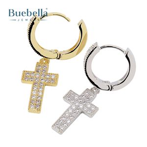 Venta caliente 925 Plata DE LEY 14K Oro blanco Iced Double Rows Cross Earring para hombres Joyería de estilo rapero - Product Image 4