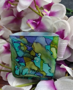 Custom Orange-Grey Marbleized Fancy High-Quality Handmade Decorative Multi-purpose <b>Large</b> Square Petal <b>Candle</b> Glass Votive - Product Image 6