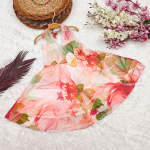 Robe de fête en mousseline de soie sans manches, longueur genou, entièrement cousue, à imprimé floral pêche, pour filles, de la marque Shoryam, pour anniversaire, fête - Product Image 1