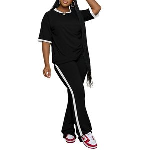 Conjunto Deportivo de Dos Piezas Estilo Europeo Americano ZHEZHE para Mujer, Camiseta con Capucha y Pantalones Holgados con Diseño a Rayas, Traje Casual de Verano - Product Image 1