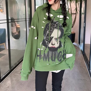 เสื้อฮู้ดดี้โอเวอร์ไซส์แบบยูนิเซ็กซ์สำหรับฤดูหนาว ดีไซน์ขาดๆ แบบมีสไตล์ ตกแต่งด้วยลายพิมพ์คริสตัล ผ้าฟลีซแบบสวมหัว ทรงหลวม ซักแบบวอช เทคนิคการซักแบบพิเศษ มีซับใน - Product Image 4
