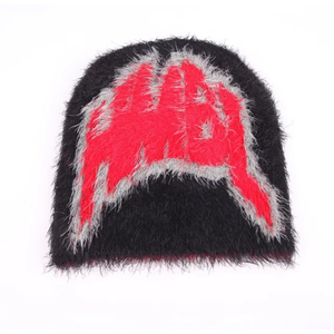 Fabricantes de gorros personalizados All Over Print Jacquard Mohair Cuff Fold Cuffless Winter Beanie Sombreros de punto para hombres bordado - Product Image 2