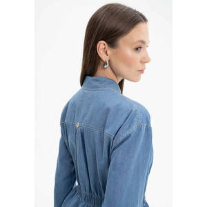 Women's Long Indigo <b>Denim</b> Trench <b>Coat</b> with Elastic Waist and Double Breasted Closure - Product Image 5