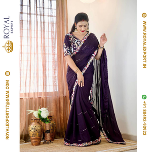 Nouveau lancement Sarees en mousseline de soie de qualité supérieure avec travail de broderie avec chemisier cousu - Product Image 1