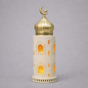 Farol de Ramadán de Lujo Blanco y Dorado con Estrella Creciente, Luz LED Cálida, Decoración Metálica Calada, Adorno Festivo para el Hogar, Regalo - Product Image 1