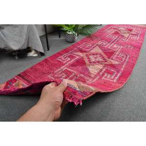 Ethnic Red Pink 2.6x10.1ft Wool <b>Rug</b> Turkish Large Area <b>Boho</b> Style Patchwork Pattern for Hallway Room 10mm Latex for Bedside - Product Image 3