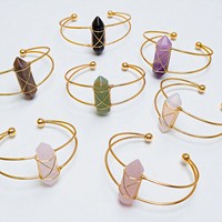 Brazalete de latón con piedras preciosas de ojo de tigre de doble punta-Brazaletes unisex chapados en oro hechos a mano sin níquel