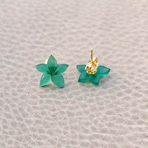Light weight natural stone green onyx <b>small</b> pair <b>studs</b> <b>earring</b> 18k gold plated fashion jewelry hand carved gemstone flower <b>studs</b> - Product Image 5